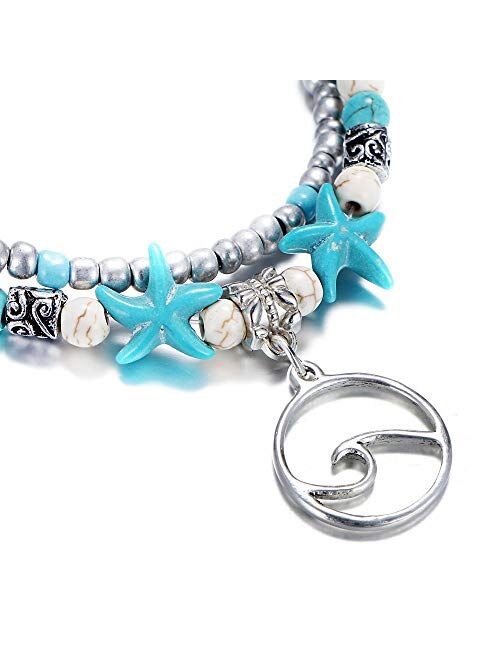 Kucheed Boho Anklets Blue Starfish Turtle Multi-Layer Charm Beads Beach Handmade Anklet Foot Jewelry Gifts for Women Girls