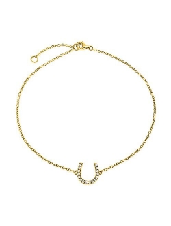 Equestrian Horseshoe Pave CZ Anklet Lucky Charm Anklet Bracelet For Women 14K Gold Plated 925 Sterling Silver 9-10 Inch