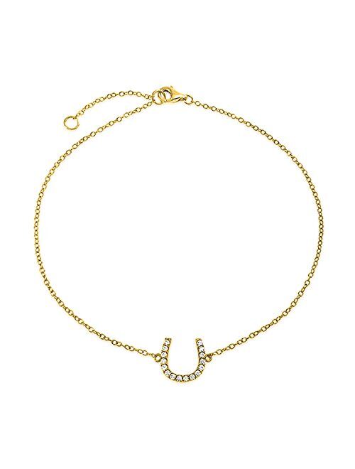 Equestrian Horseshoe Pave CZ Anklet Lucky Charm Anklet Bracelet For Women 14K Gold Plated 925 Sterling Silver 9-10 Inch