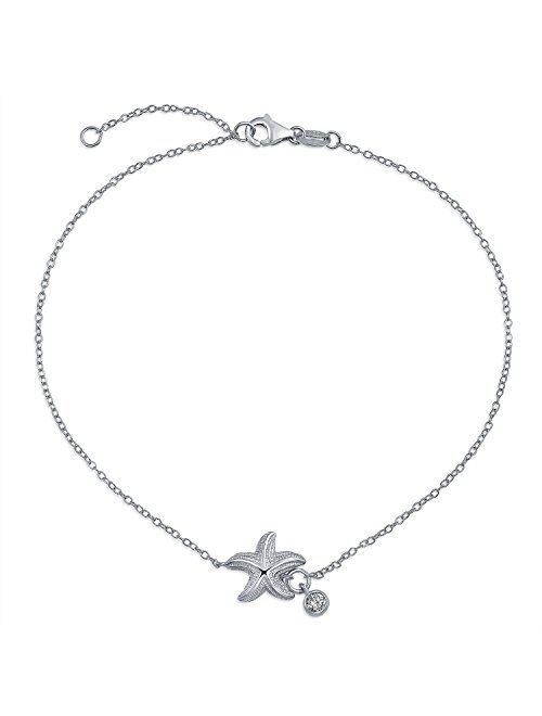 Nautical Starfish Marine Life CZ Accent Anklet Ankle Bracelet For Women 925 Sterling Silver Adjustable 9 To 10 Inch