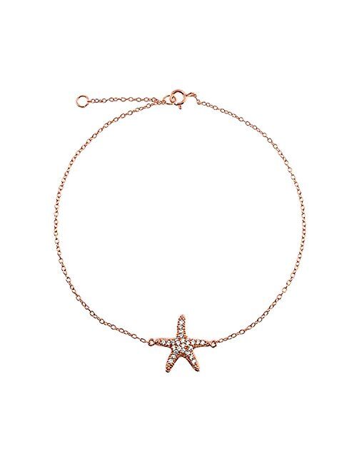 Nautical Starfish Pave CZ Marine Life Anklet Ankle Bracelet For Women Teen Rose Gold Plated 925 Sterling Silver 9-10 Inch