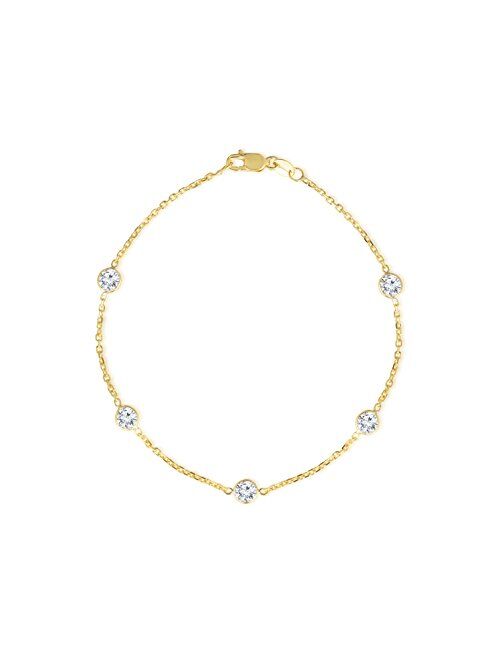 Floreo 14k Yellow Gold Round Cubic Zirconia (4mm CZ) Cable Anklet and Bracelet