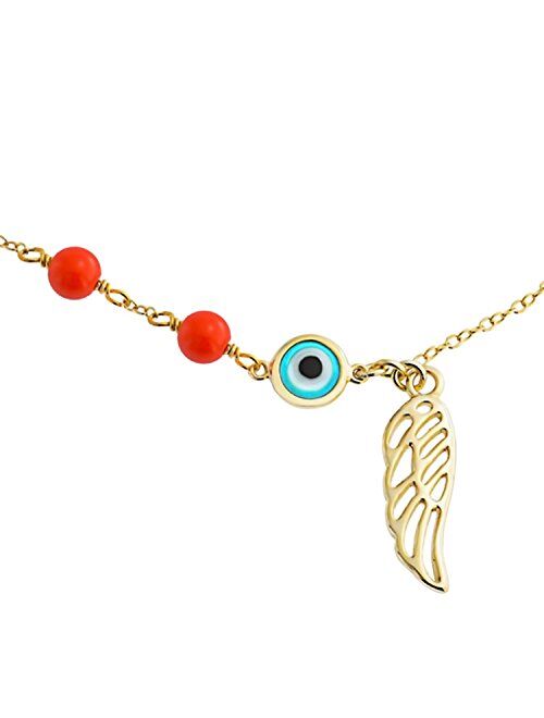 Evil Eye Angel Wing Guardian Anklet For Women For Teen 14K Gold Plated Sterling Silver Adjustable 9-10 Inch