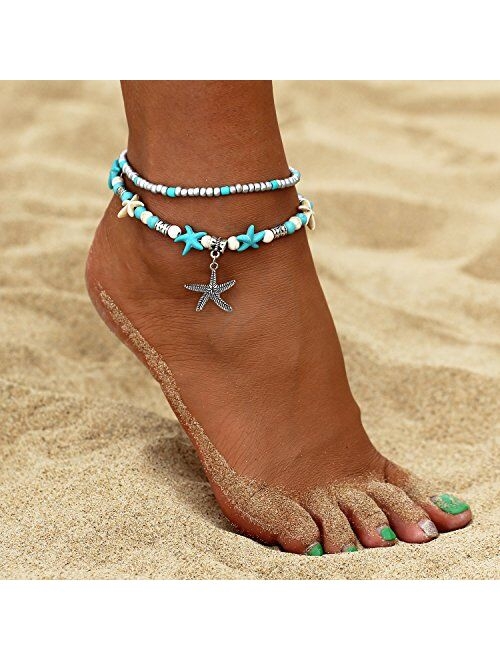 Starfish Turtle Anklets Multiple Layered Boho Gold Chain Anklet Heart Beach Rhinestone Turquoise Stone Charm Anklet