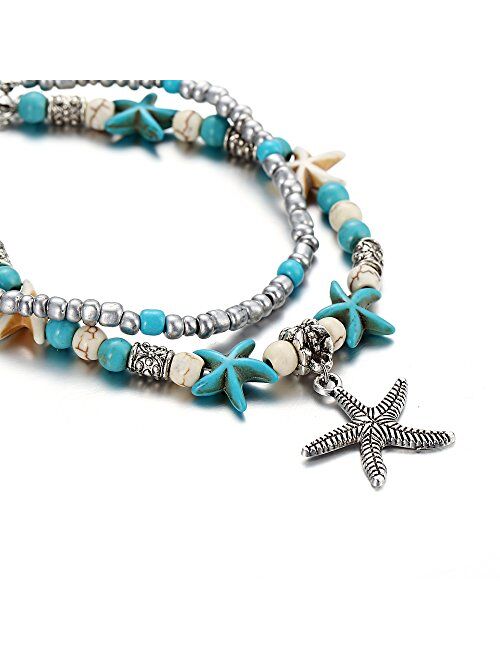 Starfish Turtle Anklets Multiple Layered Boho Gold Chain Anklet Heart Beach Rhinestone Turquoise Stone Charm Anklet