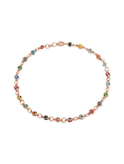 Turkish Evil Eyes Multi Color Anklet Link Ankle Bracelet For Women For Teen Rose Gold Plated 925 Sterling Silver 10 Inch