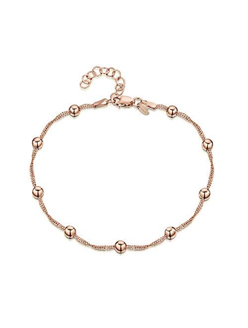 14K Rose Gold Plated on 925 Sterling Silver Adjustable Anklet - Classic Chain Ankle Bracelets - 9" to 10" inch - Flexible Fit