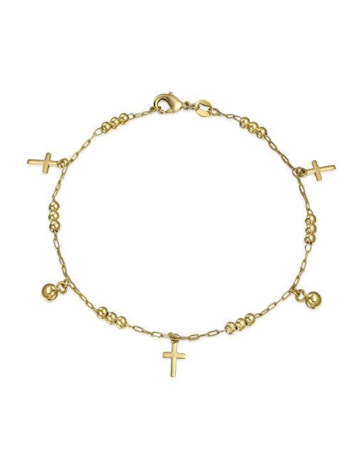 Multi Crosses Religious Beads Bells Dangle Charm Anklet Ankle Bracelet for Women 18K Gold Plated Brass 10 Inch