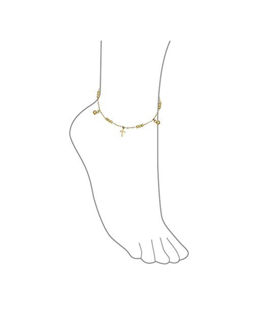 Multi Crosses Religious Beads Bells Dangle Charm Anklet Ankle Bracelet for Women 18K Gold Plated Brass 10 Inch