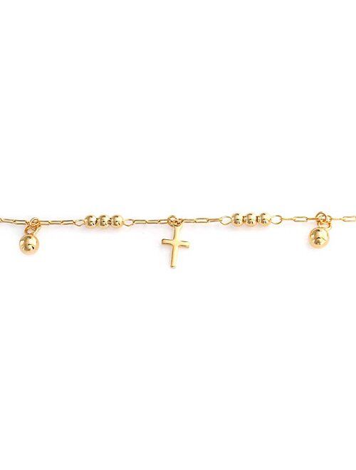 Multi Crosses Religious Beads Bells Dangle Charm Anklet Ankle Bracelet for Women 18K Gold Plated Brass 10 Inch