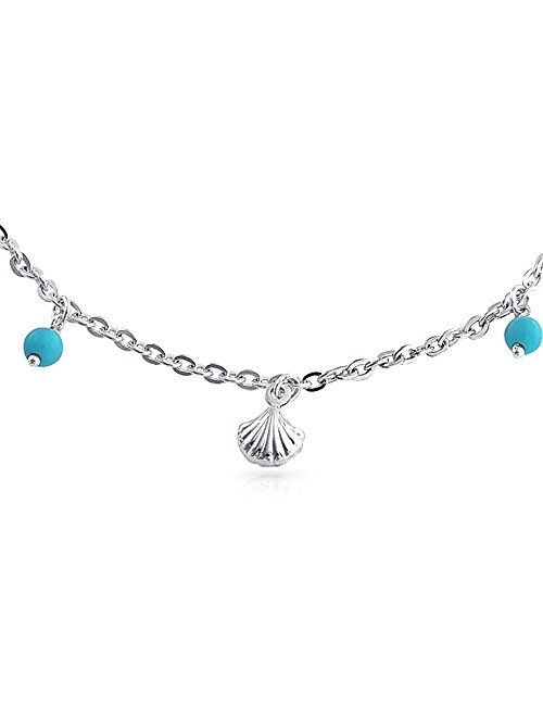 Nautical Multi Charm Seashell Aqua Blue Bed Dangle Anklet Ankle Bracelet For Women Sterling Silver 9-10 Inch Adjustable