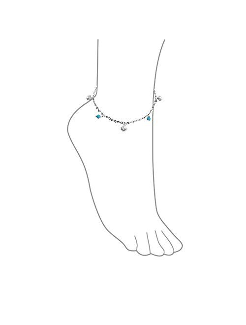 Nautical Multi Charm Seashell Aqua Blue Bed Dangle Anklet Ankle Bracelet For Women Sterling Silver 9-10 Inch Adjustable