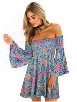 ONEYIM Women's Dress Summer Floral Long Sleeve Off Shoulder Casual Mini Dresses