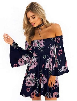 ONEYIM Women's Dress Summer Floral Long Sleeve Off Shoulder Casual Mini Dresses