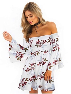 ONEYIM Women's Dress Summer Floral Long Sleeve Off Shoulder Casual Mini Dresses