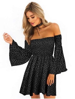 ONEYIM Women's Dress Summer Floral Long Sleeve Off Shoulder Casual Mini Dresses