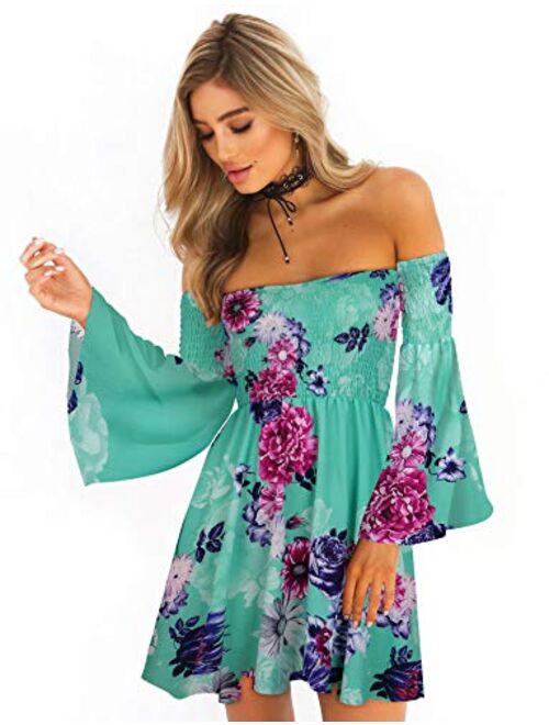 ONEYIM Women's Dress Summer Floral Long Sleeve Off Shoulder Casual Mini Dresses