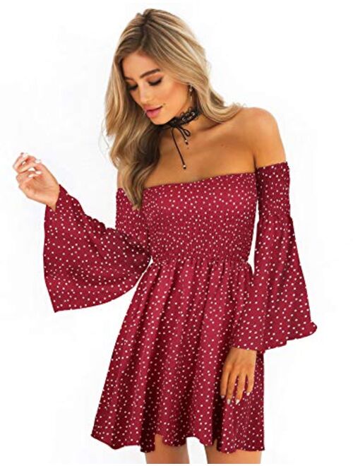 ONEYIM Women's Dress Summer Floral Long Sleeve Off Shoulder Casual Mini Dresses