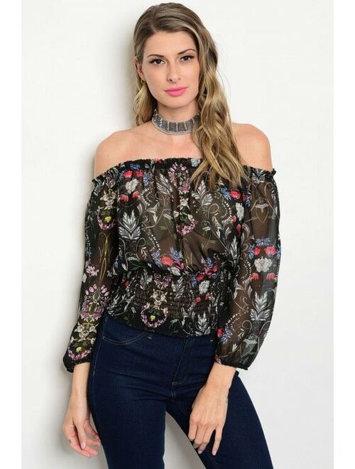 Women Black Floral Cold Off Shoulder Top Blouse Shirt Boho Style Casual Slim