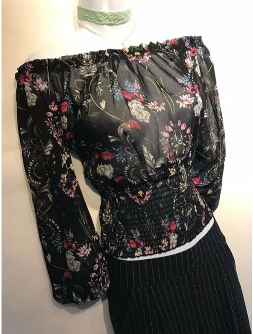 Women Black Floral Cold Off Shoulder Top Blouse Shirt Boho Style Casual Slim