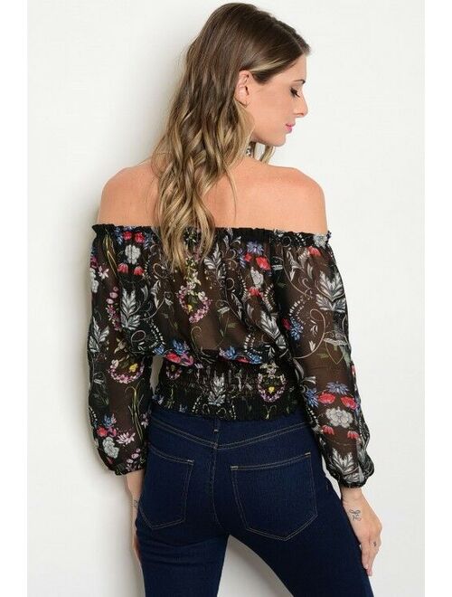 Women Black Floral Cold Off Shoulder Top Blouse Shirt Boho Style Casual Slim