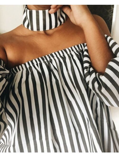 Women's Striped Off Shoulder chocker Blouse Casual Loose Long Puff Sleeve Top