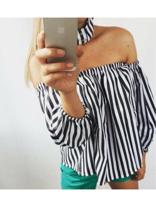 Women's Striped Off Shoulder chocker Blouse Casual Loose Long Puff Sleeve Top