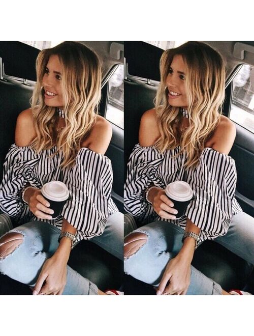 Women's Striped Off Shoulder chocker Blouse Casual Loose Long Puff Sleeve Top