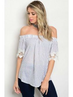 Women White Cold Shoulder Off Shoulder Striped Crochet Top Blouse Boho Casual