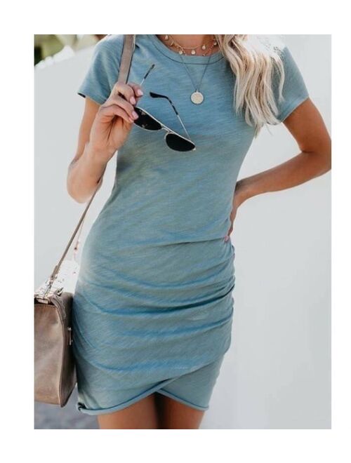 New Women Summer Dresses Round Neck Mid Sleeve Tights Stretch Bag Hip Irregular