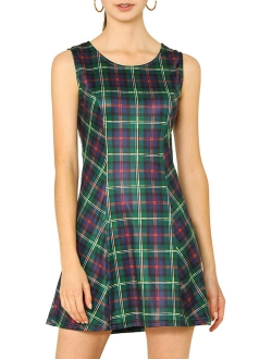 Women's Round Neck Sleeveless Pullover Plaid A Line Mini Dress