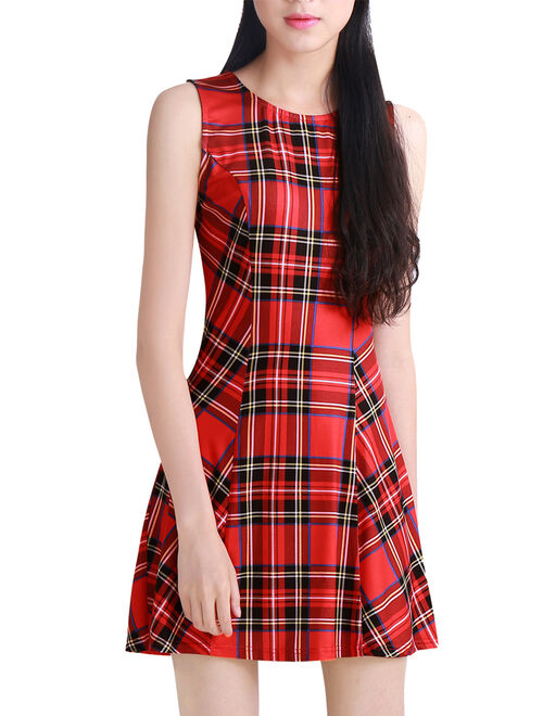 Women's Round Neck Sleeveless Pullover Plaid A Line Mini Dress