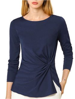 Women's Round Neck Front Twist Top Long Sleeve Blouse XL Navy Blue
