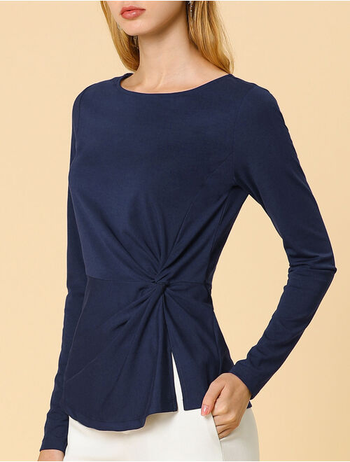 Women's Round Neck Front Twist Top Long Sleeve Blouse XL Navy Blue