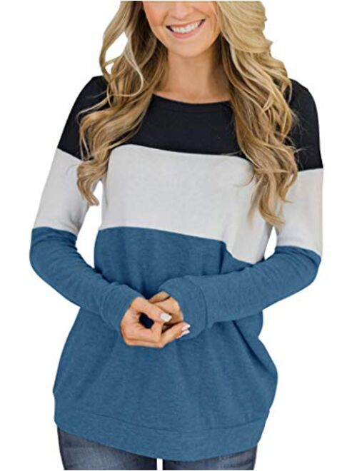 Minthunter Women's Long Sleeve Color Block Cute Shirt Round Neck Casual Tops