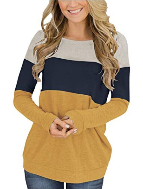 Minthunter Women's Long Sleeve Color Block Cute Shirt Round Neck Casual Tops