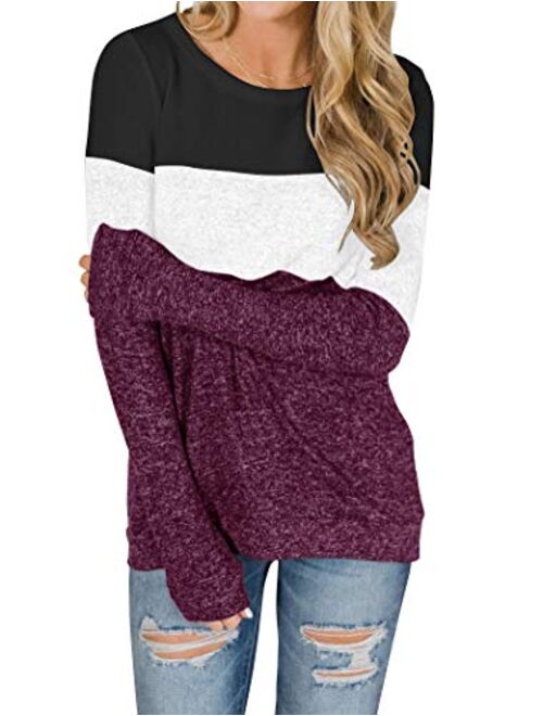 Minthunter Women's Long Sleeve Color Block Cute Shirt Round Neck Casual Tops