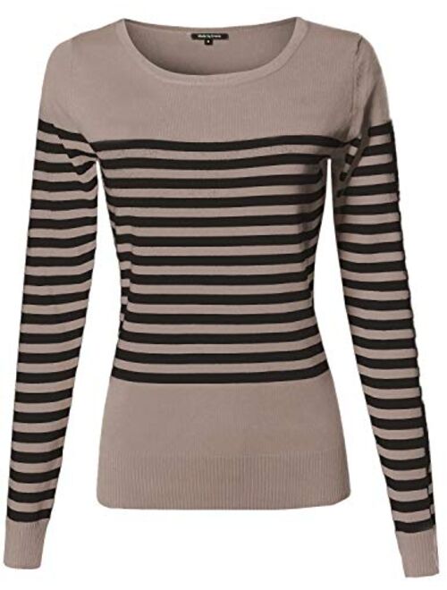 Made by Emma Women's Round Neck Striped Pullover Long Sleeve Top