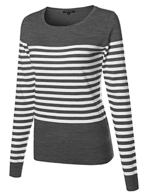 Made by Emma Women's Round Neck Striped Pullover Long Sleeve Top