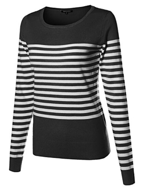 Made by Emma Women's Round Neck Striped Pullover Long Sleeve Top