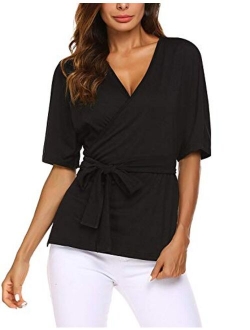 EASTHER Dressy Blouses for Women Tie Front Short Sleeve V Neck Shirts Tunic Tops S-XXL