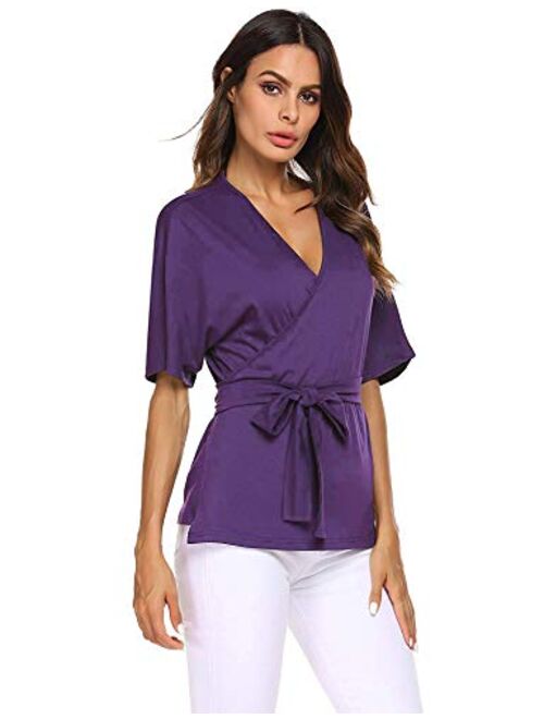 EASTHER Dressy Blouses for Women Tie Front Short Sleeve V Neck Shirts Tunic Tops S-XXL