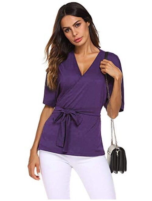 EASTHER Dressy Blouses for Women Tie Front Short Sleeve V Neck Shirts Tunic Tops S-XXL