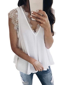 Sidefeel Women Crochet Lace Basic Tank Top Sleeveless Loose Fitting Tunic