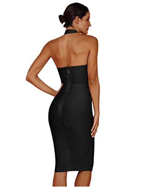 whoinshop Women 's Sexy Halter Deep V Neck Club Party Bandage Dress