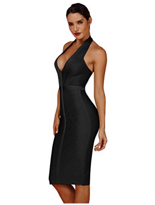 whoinshop Women 's Sexy Halter Deep V Neck Club Party Bandage Dress