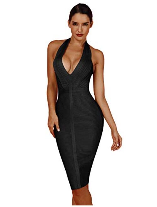 whoinshop Women 's Sexy Halter Deep V Neck Club Party Bandage Dress