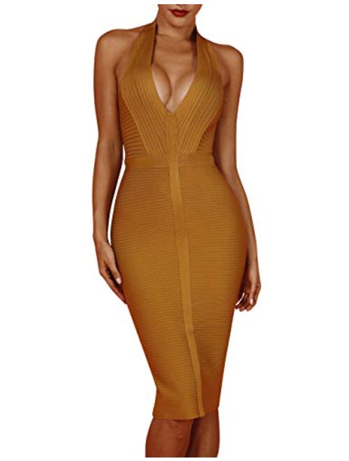 whoinshop Women 's Sexy Halter Deep V Neck Club Party Bandage Dress