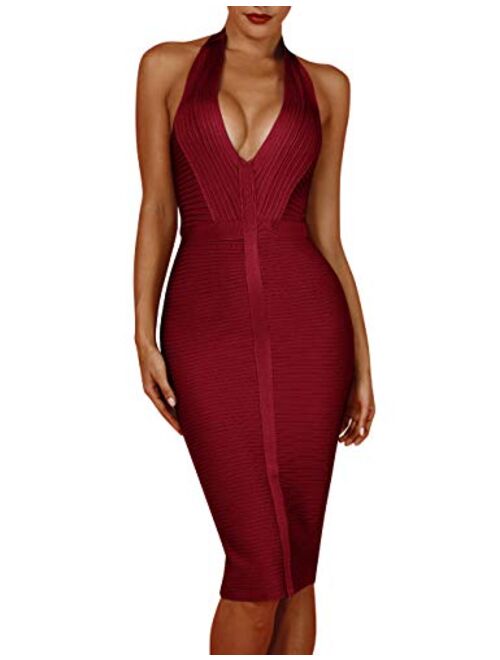 whoinshop Women 's Sexy Halter Deep V Neck Club Party Bandage Dress