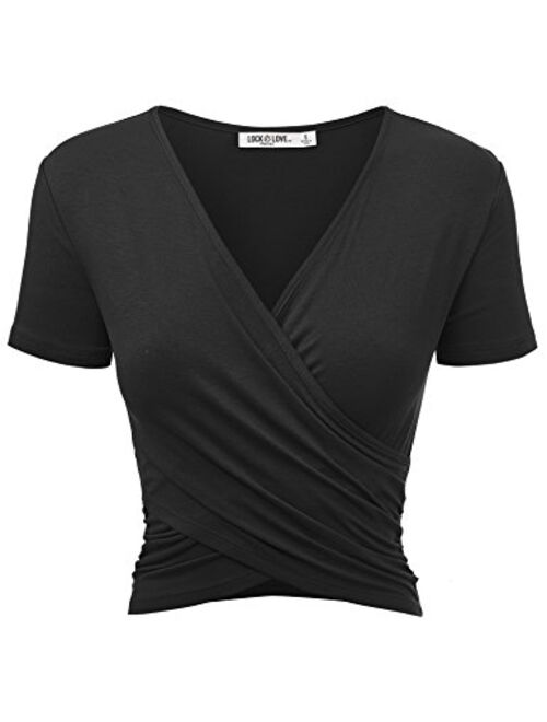 Lock and Love Women's Premium Short/Long Sleeve Deep V Neck Slim fit Cross Wrap Crop top Shirt-Made in USA